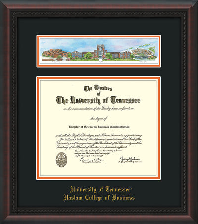 Image of University of Tennessee Haslam College of Business Diploma Frame - Mahogany Braid - w/Embossed UTHAS School Name Only - Campus Collage - Black on Orange mat