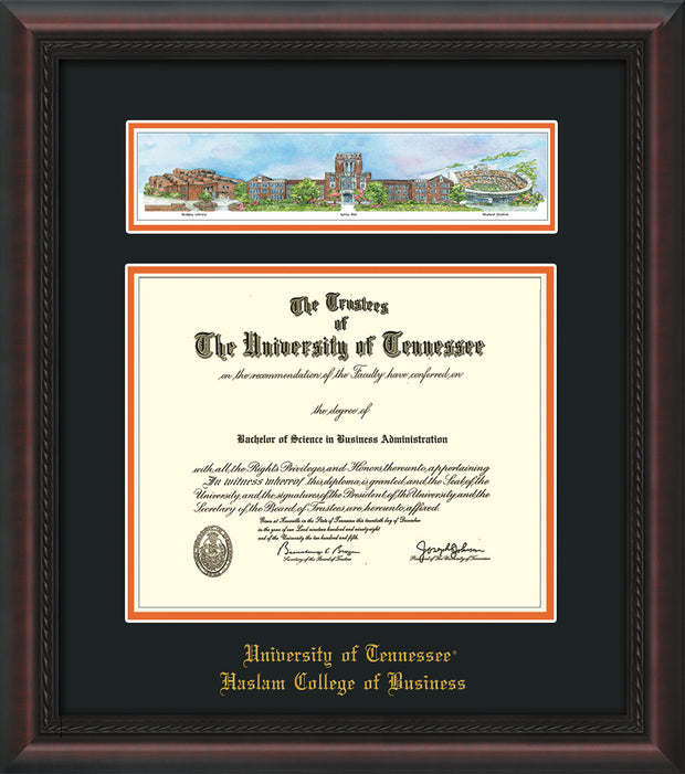 Image of University of Tennessee Haslam College of Business Diploma Frame - Mahogany Braid - w/Embossed UTHAS School Name Only - Campus Collage - Black on Orange mat
