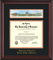 Image of University of Tennessee Haslam College of Business Diploma Frame - Mahogany Lacquer - w/Embossed UTHAS School Name Only - Campus Collage - Black on Orange mat