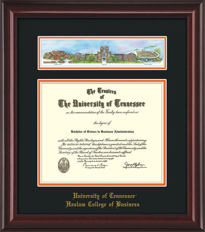 Image of University of Tennessee Haslam College of Business Diploma Frame - Mahogany Lacquer - w/Embossed UTHAS School Name Only - Campus Collage - Black on Orange mat