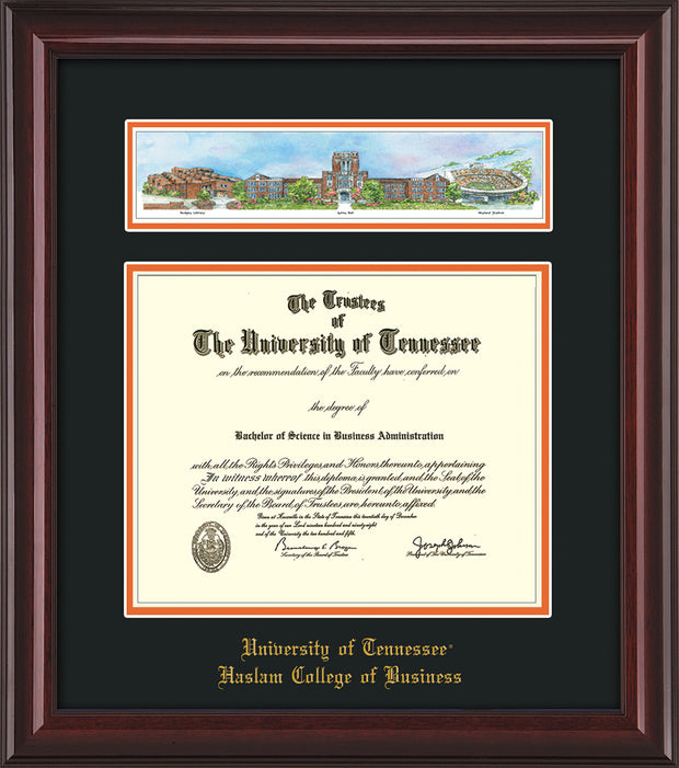 Image of University of Tennessee Haslam College of Business Diploma Frame - Mahogany Lacquer - w/Embossed UTHAS School Name Only - Campus Collage - Black on Orange mat