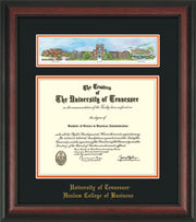Image of University of Tennessee Haslam College of Business Diploma Frame - Rosewood - w/Embossed UTHAS School Name Only - Campus Collage - Black on Orange mat