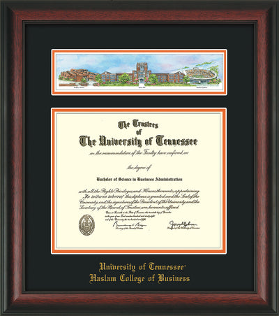 Image of University of Tennessee Haslam College of Business Diploma Frame - Rosewood - w/Embossed UTHAS School Name Only - Campus Collage - Black on Orange mat