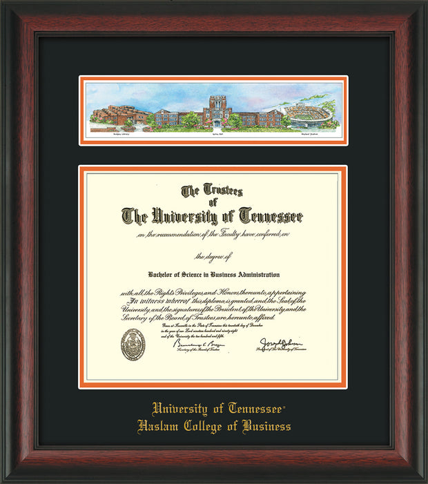 Image of University of Tennessee Haslam College of Business Diploma Frame - Rosewood - w/Embossed UTHAS School Name Only - Campus Collage - Black on Orange mat