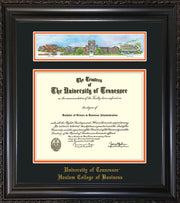 Image of University of Tennessee Haslam College of Business Diploma Frame - Vintage Black Scoop - w/Embossed UTHAS School Name Only - Campus Collage - Black on Orange mat