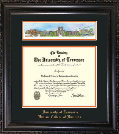 Image of University of Tennessee Haslam College of Business Diploma Frame - Vintage Black Scoop - w/Embossed UTHAS School Name Only - Campus Collage - Black on Orange mat