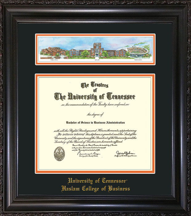 Image of University of Tennessee Haslam College of Business Diploma Frame - Vintage Black Scoop - w/Embossed UTHAS School Name Only - Campus Collage - Black on Orange mat