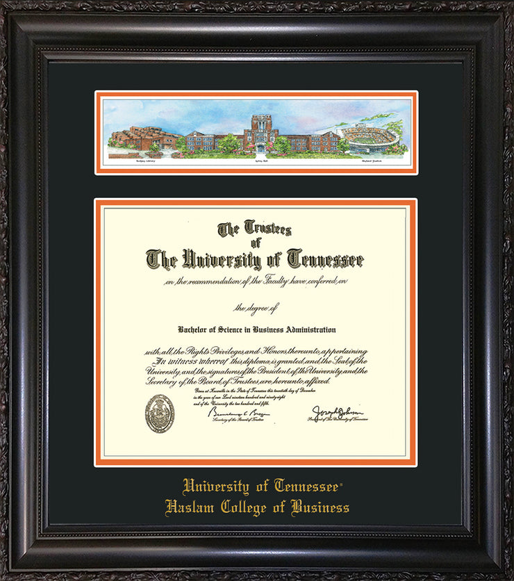 Image of University of Tennessee Haslam College of Business Diploma Frame - Vintage Black Scoop - w/Embossed UTHAS School Name Only - Campus Collage - Black on Orange mat