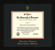 Image of University of Tennessee Haslam College of Business Diploma Frame - Flat Matte Black - w/UT Embossed Seal & UTHAS Name - Black on Orange Mat