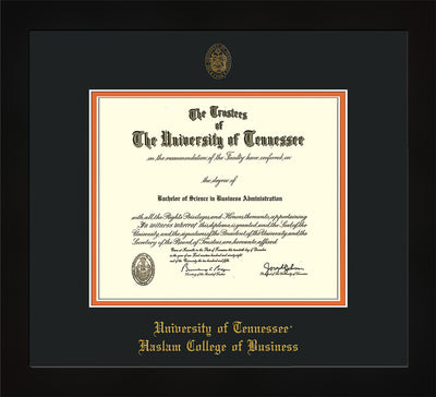 Image of University of Tennessee Haslam College of Business Diploma Frame - Flat Matte Black - w/UT Embossed Seal & UTHAS Name - Black on Orange Mat