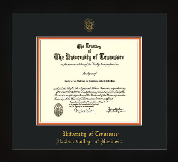Image of University of Tennessee Haslam College of Business Diploma Frame - Flat Matte Black - w/UT Embossed Seal & UTHAS Name - Black on Orange Mat