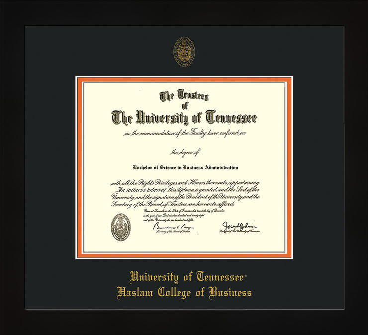 Image of University of Tennessee Haslam College of Business Diploma Frame - Flat Matte Black - w/UT Embossed Seal & UTHAS Name - Black on Orange Mat