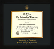 Image of University of Tennessee Haslam College of Business Diploma Frame - Flat Matte Black - w/UT Embossed Seal & UTHAS Name - Black on Gold Mat