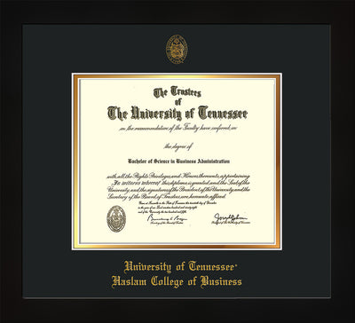 Image of University of Tennessee Haslam College of Business Diploma Frame - Flat Matte Black - w/UT Embossed Seal & UTHAS Name - Black on Gold Mat