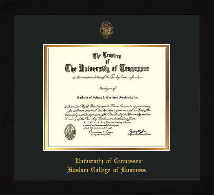 Image of University of Tennessee Haslam College of Business Diploma Frame - Flat Matte Black - w/UT Embossed Seal & UTHAS Name - Black on Gold Mat