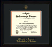 Image of University of Tennessee Haslam College of Business Diploma Frame - Honors Black Satin - w/UT Embossed Seal & UTHAS Name - Black on Orange Mat