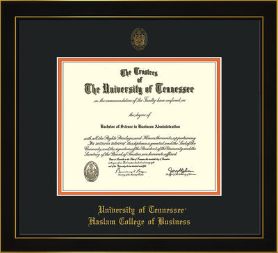 Image of University of Tennessee Haslam College of Business Diploma Frame - Honors Black Satin - w/UT Embossed Seal & UTHAS Name - Black on Orange Mat