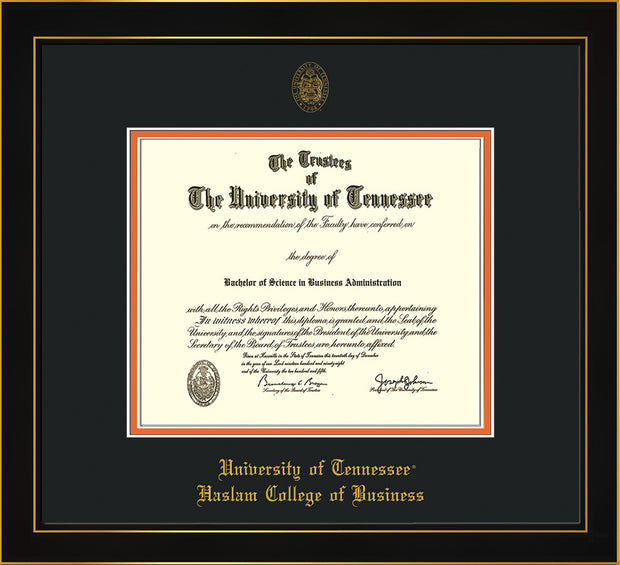 Image of University of Tennessee Haslam College of Business Diploma Frame - Honors Black Satin - w/UT Embossed Seal & UTHAS Name - Black on Orange Mat