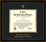 Image of University of Tennessee Haslam College of Business Diploma Frame - Honors Black Satin - w/UT Embossed Seal & UTHAS Name - Black on Gold Mat
