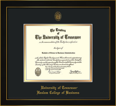 Image of University of Tennessee Haslam College of Business Diploma Frame - Honors Black Satin - w/UT Embossed Seal & UTHAS Name - Black on Gold Mat