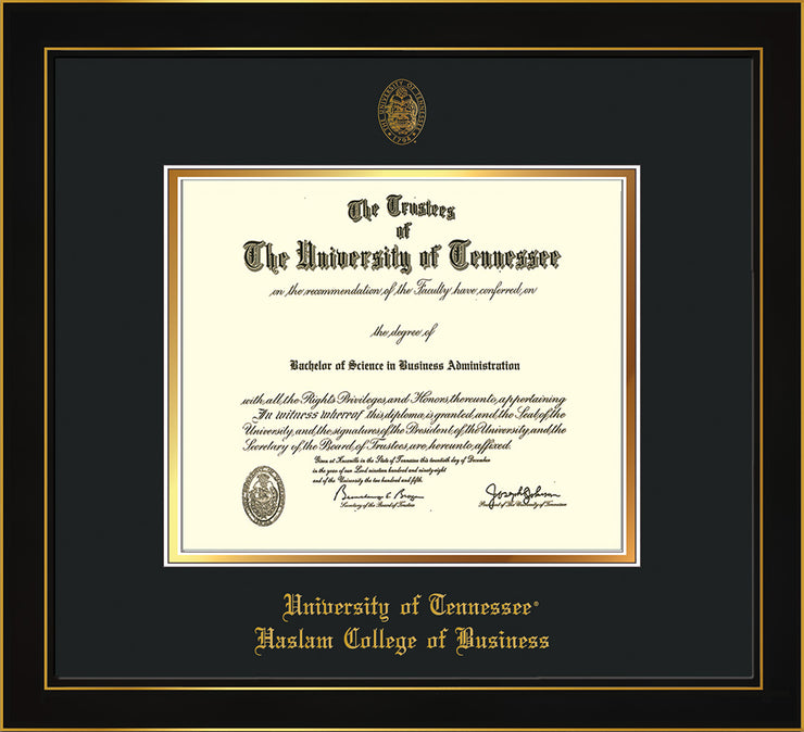 Image of University of Tennessee Haslam College of Business Diploma Frame - Honors Black Satin - w/UT Embossed Seal & UTHAS Name - Black on Gold Mat