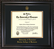 Image of University of Tennessee Haslam College of Business Diploma Frame - Vintage Black Scoop - w/UT Embossed Seal & UTHAS Name - Black on Gold Mat