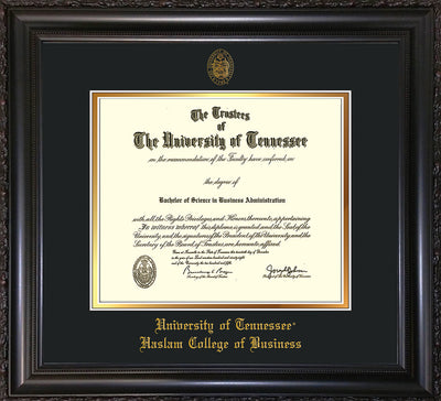 Image of University of Tennessee Haslam College of Business Diploma Frame - Vintage Black Scoop - w/UT Embossed Seal & UTHAS Name - Black on Gold Mat