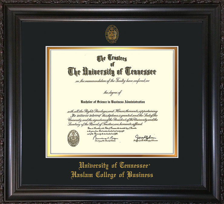 Image of University of Tennessee Haslam College of Business Diploma Frame - Vintage Black Scoop - w/UT Embossed Seal & UTHAS Name - Black on Gold Mat