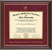 Image of Virginia Tech Diploma Frame - Cherry Lacquer - w/Embossed VT Seal & Name - Fillet - Maroon Suede mat