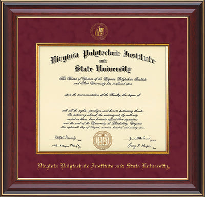 Image of Virginia Tech Diploma Frame - Cherry Lacquer - w/Embossed VT Seal & Name - Fillet - Maroon Suede mat