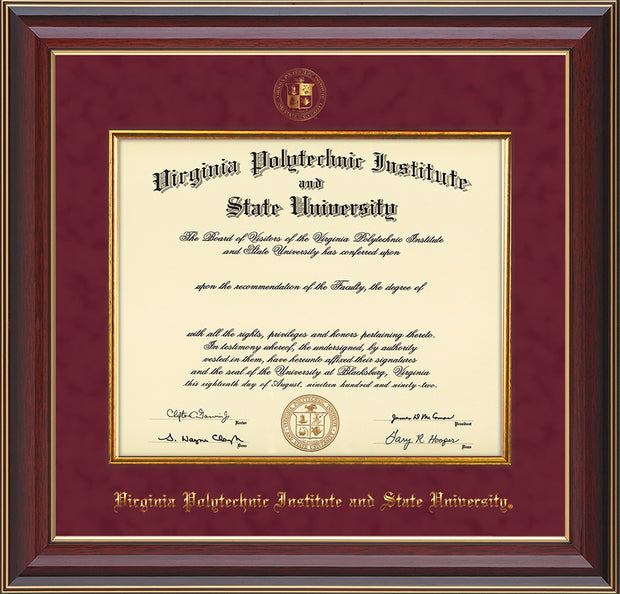 Image of Virginia Tech Diploma Frame - Cherry Lacquer - w/Embossed VT Seal & Name - Fillet - Maroon Suede mat