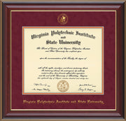 Image of Virginia Tech Diploma Frame - Cherry Lacquer - w/Embossed VT Seal & Name - Maroon Suede on Orange mat