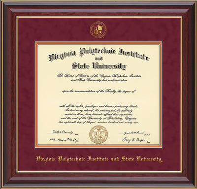 Image of Virginia Tech Diploma Frame - Cherry Lacquer - w/Embossed VT Seal & Name - Maroon Suede on Orange mat