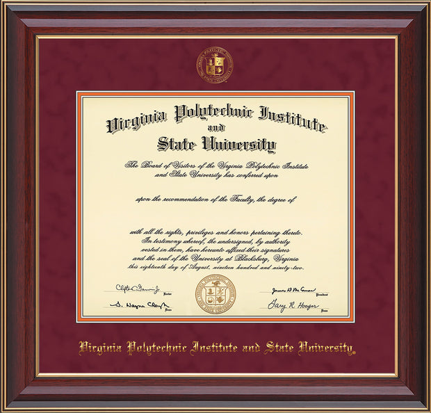 Image of Virginia Tech Diploma Frame - Cherry Lacquer - w/Embossed VT Seal & Name - Maroon Suede on Orange mat