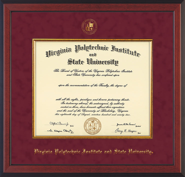 Image of Virginia Tech Diploma Frame - Cherry Reverse - w/Embossed VT Seal & Name - Fillet - Maroon Suede mat