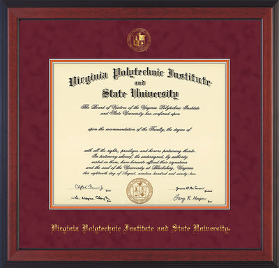 Image of Virginia Tech Diploma Frame - Cherry Reverse - w/Embossed VT Seal & Name - Maroon Suede on Orange mat