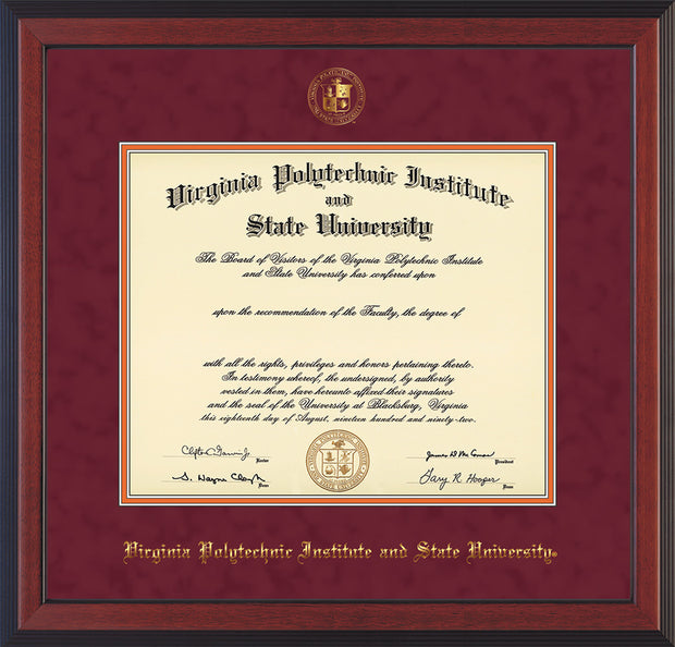 Image of Virginia Tech Diploma Frame - Cherry Reverse - w/Embossed VT Seal & Name - Maroon Suede on Orange mat
