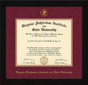 Image of Virginia Tech Diploma Frame - Flat Matte Black - w/Embossed VT Seal & Name - Maroon Suede on Orange mat