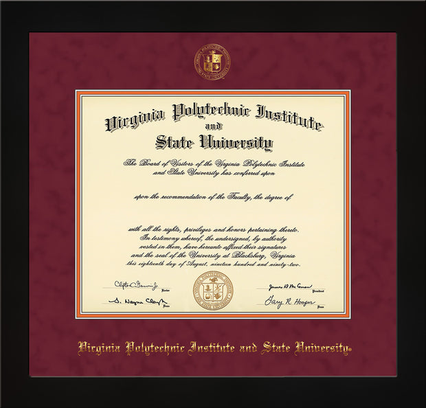 Image of Virginia Tech Diploma Frame - Flat Matte Black - w/Embossed VT Seal & Name - Maroon Suede on Orange mat