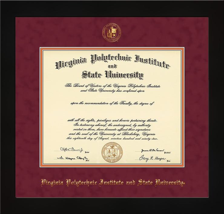 Image of Virginia Tech Diploma Frame - Flat Matte Black - w/Embossed VT Seal & Name - Maroon Suede on Orange mat