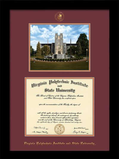 Image of Virginia Tech Diploma Frame - Flat Matte Black - w/Embossed VT Seal & Name - w/Burruss Memorial Campus Watercolor - Maroon on Orange mat