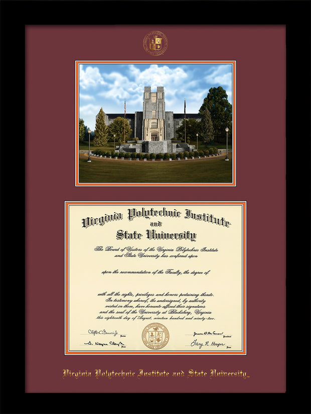 Image of Virginia Tech Diploma Frame - Flat Matte Black - w/Embossed VT Seal & Name - w/Burruss Memorial Campus Watercolor - Maroon on Orange mat