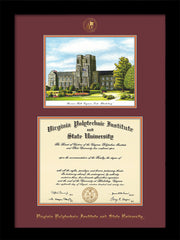 Image of Virginia Tech Diploma Frame - Flat Matte Black - w/Embossed VT Seal & Name - w/Burruss Hall Campus Watercolor - Maroon on Orange mat