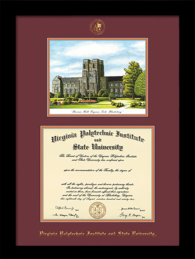 Image of Virginia Tech Diploma Frame - Flat Matte Black - w/Embossed VT Seal & Name - w/Burruss Hall Campus Watercolor - Maroon on Orange mat