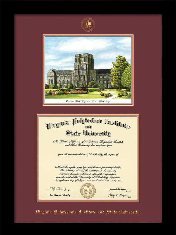 Image of Virginia Tech Diploma Frame - Flat Matte Black - w/Embossed VT Seal & Name - w/Burruss Hall Campus Watercolor - Maroon on Orange mat