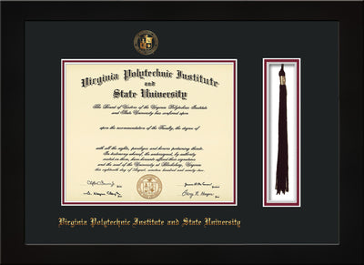 Image of Virginia Tech Diploma Frame - Flat Matte Black - w/Embossed VT Seal & Name - Tassel Holder - Black on Maroon mat