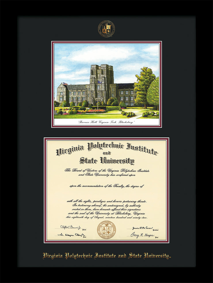Image of Virginia Tech Diploma Frame - Flat Matte Black - w/Embossed VT Seal & Name - w/Burruss Hall Campus Watercolor - Black on Maroon mat
