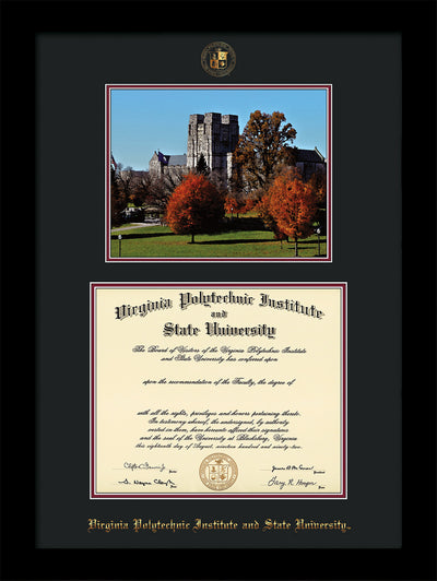 Image of Virginia Tech Diploma Frame - Flat Matte Black - w/Embossed VT Seal & Name - w/Fall Burruss Campus Watercolor - Black on Maroon mat