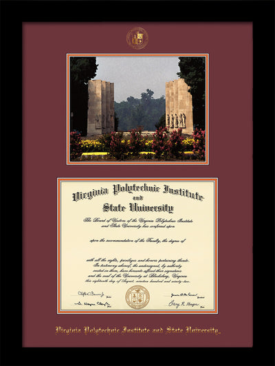 Image of Virginia Tech Diploma Frame - Flat Matte Black - w/Embossed VT Seal & Name - w/War Memorial Campus Watercolor - Maroon on Orange mat