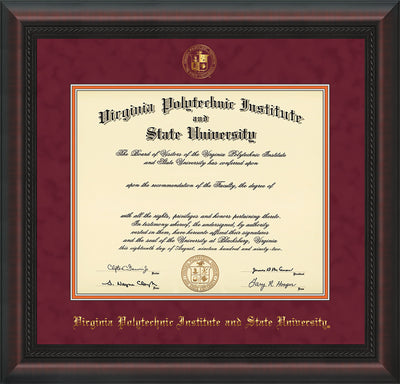 Image of Virginia Tech Diploma Frame - Mahogany Braid - w/Embossed VT Seal & Name - Maroon Suede on Orange mat